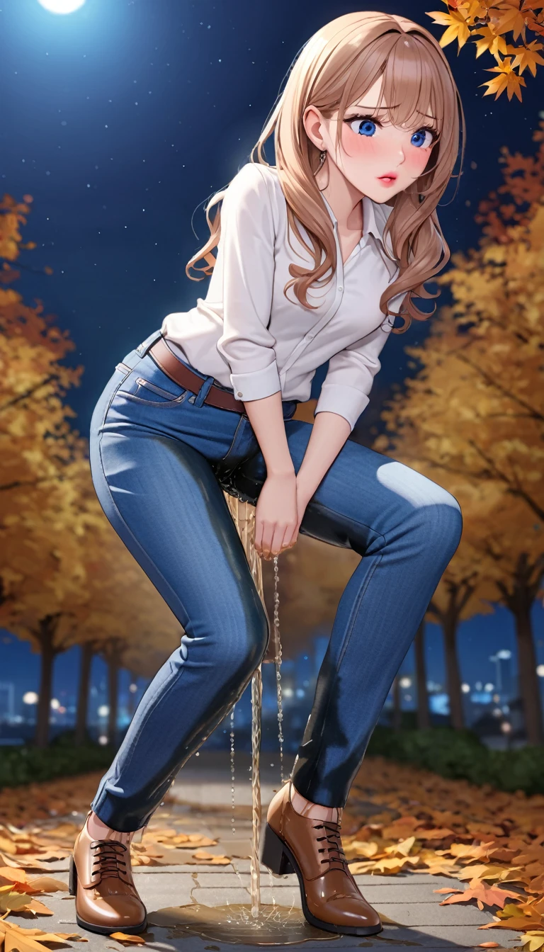 ((best quality, masterpiece:1.3, 8K)), (detailed), highly detailed face and skin texture, detailed eyes, full body, outdoor, nighttime, autumn, (slender body:1.1), 1girl, (solo), white skin, bright lips, worried, embarrassed, panicking, long hair, glamorous outfit, medium breast, (jeans pants:1.2, blue jeans:1.2), ((wetting herself:1.8)), desperation:1.2,