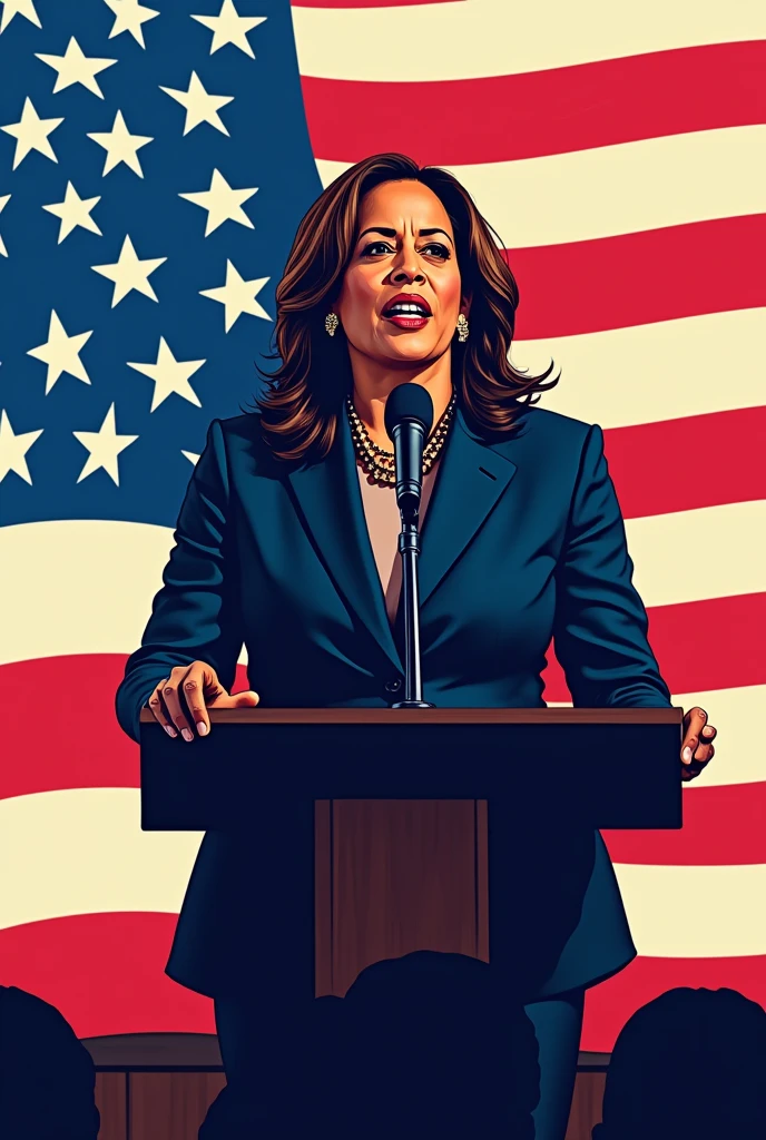 Create a pop-style image of Kamala Harris 。Speech on the stage。American flag on the side