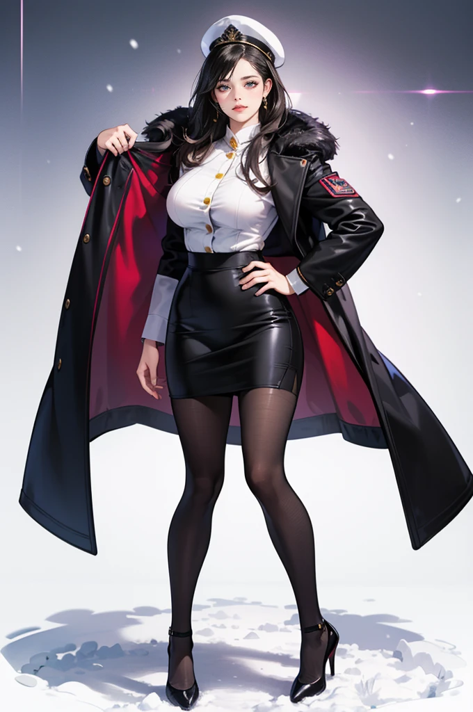 Mature beautiful woman,(Highest quality,Very detailed depiction,Incredible High Resolution,Anatomically accurate depiction,Curvy Legs,Glowing Skin,Porcelain-like skin,Perfect body),(Sexy Female Soldier,uniform,Pencil Skirt,High heels,black tights,Hats for the winter,latex,Heavy coat,Winter Gear),eyelash,Flashy makeup,eye shadow,Intense glowing purple eyes,Half a point.4,Large Breasts,Glossy pink lips,Shadowed face,A captivating smile,whole body:1.2,(background:Snowfield:1.3),Snow Scene,that&#39;it&#39;s snowing,Side view:1.3(Highest quality,4K,High resolution,masterpiece:1.2),Very detailed,Realistic:1.37,,(whole body, legS and 靴 viSible: 1.2),、The thief、Thief、10 convictions、Criminal Woman、bad woman、To steal、Raiding the store、Anime Style、Storytelling、、beautiful girl、Very cute angel、Pink Gothic Dress、cute、Baby Face、smile、Long skirt、Blood splatter,(Blood splatter:1.1),Black long boots、(Crazy smile:1.3)、Crazy smile, beautiful, Delicate facial features, Sharp Eye, Vermilion cheeks,、Very big boobs、 ,Crazy Smile,look up,Face shot,Scythe Face,Girl Monster, slave,beautiful, Detailed portrait, Delicate facial features, Sharp Eye, Sharp fangs, Pale skin, Dark background, Cinema Lighting, Dramatic ShadowS, Gothic style, Gloomy atmosphere, Dark fantasy, one person&#39;S, , Please open your mouth wide, Open your mouth and baring your teeth,Sharp teeth like a beaSt, Wide lips, very wide mouth, Vermilion cheeks, ,(Blood splatter:1.2),Scary face, Laughter　Witch design, Twisted smile、Bloody、bleeding from the head,、Blood splatter、,(Blood splatter:1.2),Crossbones, skull,　, Horror Style, ((Fantasy Witch Costume)), ((Flowing white hair)), ,(Blood splatter:1.2),Female curves, Large Breasts, Thick thighs, Sexy flat Stomach, Perfect hands, Perfect anime face, ((Darkta Dress)), Are standing, ((Wicked Smile)), ,(Blood splatter:1.2),Victorian cities, gaslight, Sお茶m circulateS, Moonlight Illumination, night lighting, A sky filled with stars and galaxies,jane doe \(zenless zone zero\)