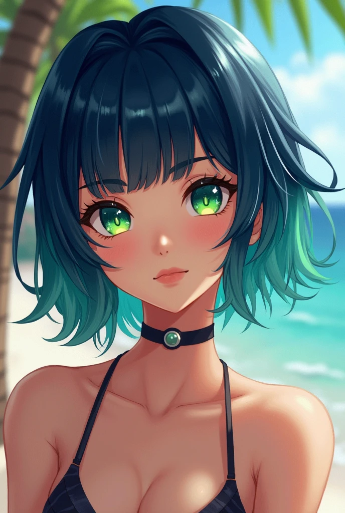 ((​masterpiece、top-quality:1.5、a high chroma:1.5、ultra-detailliert、high-resolution illustrations:1.5、Ultra-high-definition CG、8k size wallpaper、offcial art))、((ffront view:1.5)),(1woman,),(cute face:1.5,cute eyes:1.5)、（High Detail、beautiful detail、finely detailed)、face only
(bored:1.3)、(???? body),(standing),(Skinny and thin、black micro ??????:1.5)、,(multicolored hair:1.5), (?????????????:1.1)、(oil skin:1.5),(curvy:1.3)、(Portrait:1.5)
,(光る green eyes:1.5),(midsummer beach　 behind:1.5)、(upper body:1.5)、animesque