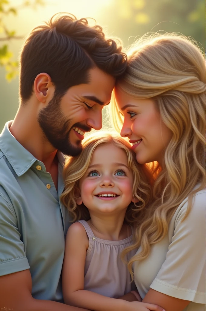 Blonde child blue eyes together with his father dark brown hair and brown eyes and his mother blonde green eyes long hair in Monaco 8k ultrarealistic photorealistic