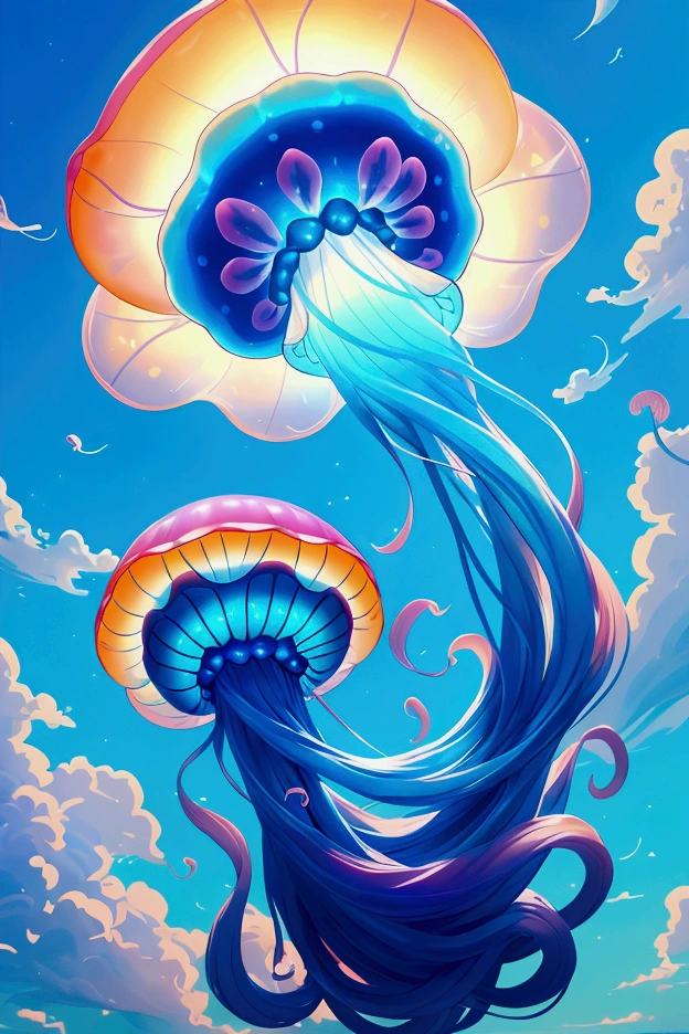 Jellyfish flying in the blue sky, with its long tentacles shining in the sun, floating gently like magic balloons. The sky is full of fluffy, colorful clouds, and the jellyfish seem to dance among them, creating a spectacle of colors and lights