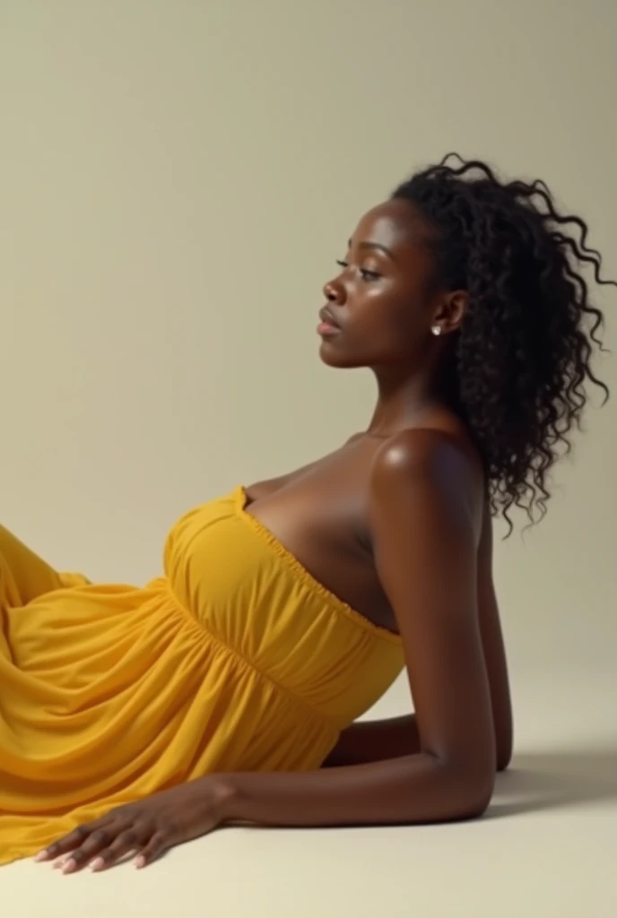 A gorgeous 31-year-old woman with a mesmerizing face and slightly open lips lies elegantly on the sands of Diani Beach, Kenya. She’s wearing a yellow strapless top and a short skirt, enhancing her captivating figure. The sunlight highlights her voluptuous chest as she poses like Kelly Rowland.