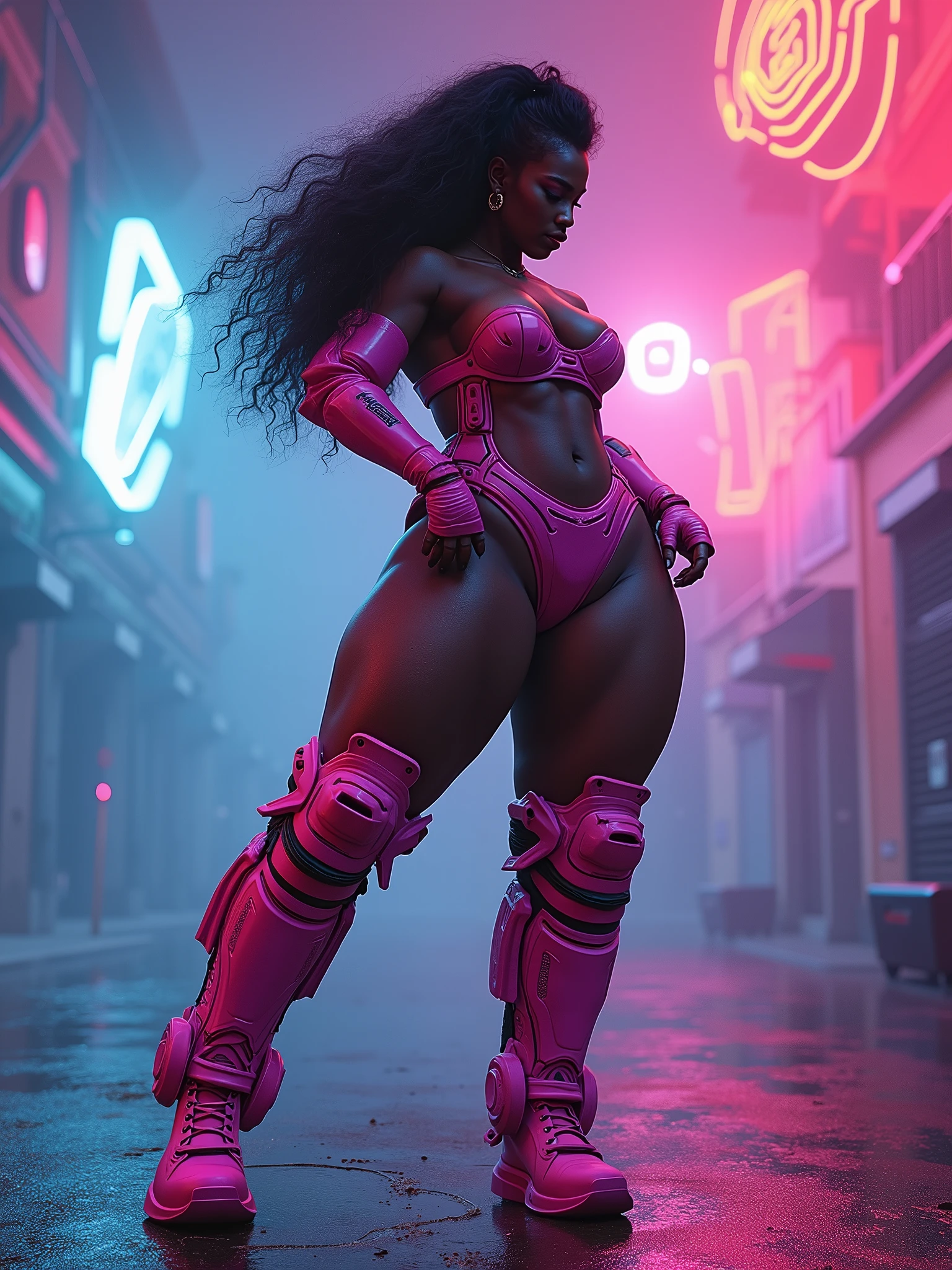 professional photo, full length body shot of a young ebony woman wondering around large city, wearing skimpy uptight silk mesh pink-orange lingerie, intricate details, ultra detailed, insane details, 8k, octane render, unreal engine 5.2, global illumination, luminism, maximalism, thick thighs, curly hair