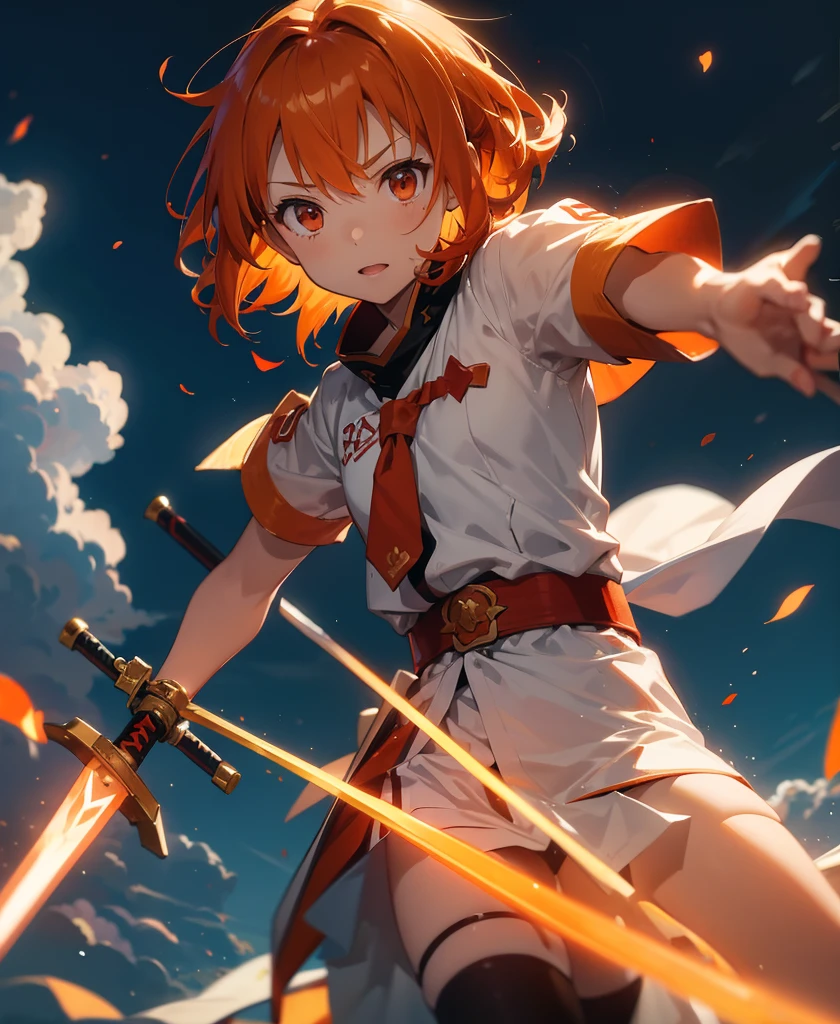 asunayuuki, Orange Hair， With two shining swords, White combat uniform, Sword Art Onlineの翻案, A red stroke simulating the character&#39;s speed, BATTLE MODE, (Surreal), {Highly detailed CG unit wallpaper 8k}, Vast landscape photography, (A central vision that prioritizes the whole character, (Viewer-facing view), (Low angle shot), (stand out: 1.5), (Low light: 1.0), (Warm light source: 1.0), Intricate details, (Iridescent colors: 1.5), (Bright lighting), (Atmospheric lighting), Sword Art Online, dream-like, anime