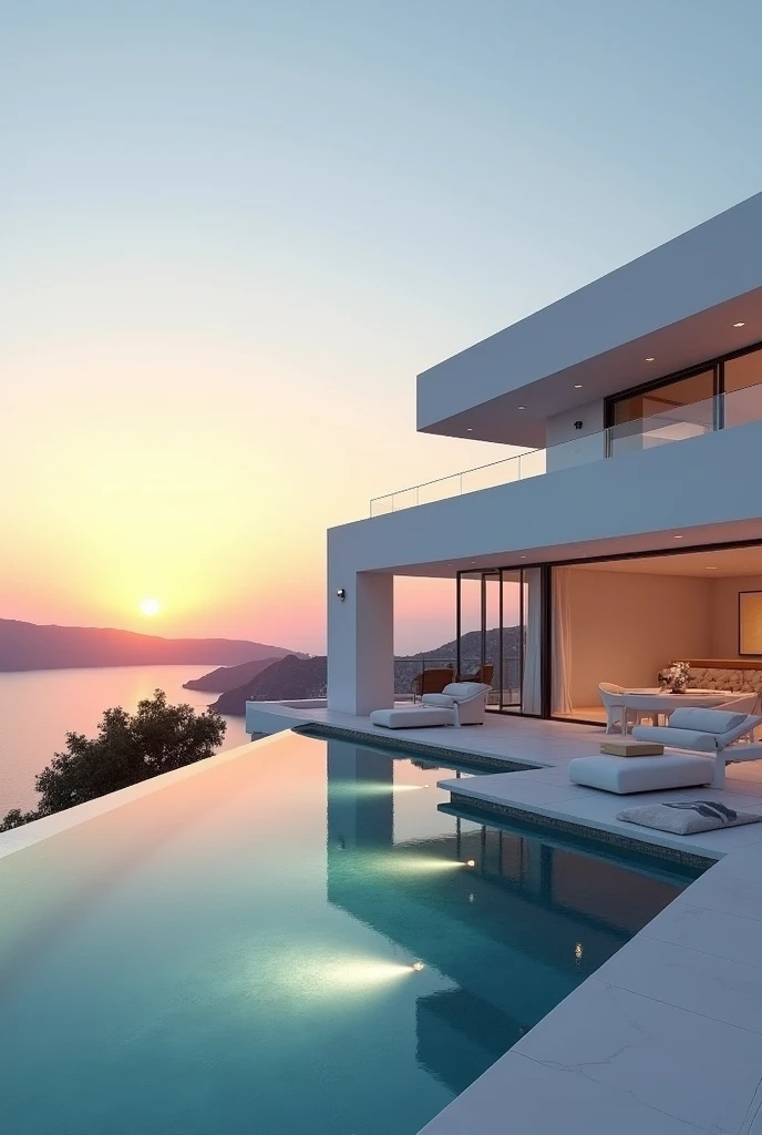 (masterpiece:1.2, Highest quality, Ultra-high resolution, Very detailed, Realistic, RAW Photos:1.2, Elaborate photos), 8k, wallpaper, (Ray Tracing), Santorini villa, (Ultra-modern architecture, Whitewashed walls with clean lines, Infinity pool overlooking the Aegean Sea, Glorious sunset casting golden hues), A photo capturing the luxurious and serene atmosphere of the villa’s exterior as it glows in the soft light of the setting sun.