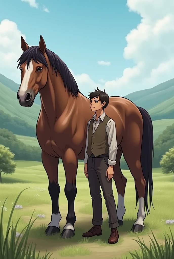 Perfect face, Perfect hands. A black haired male cowboy with green eyes in a sheriff's outfit is riding a horse through a wild west town with a big smile