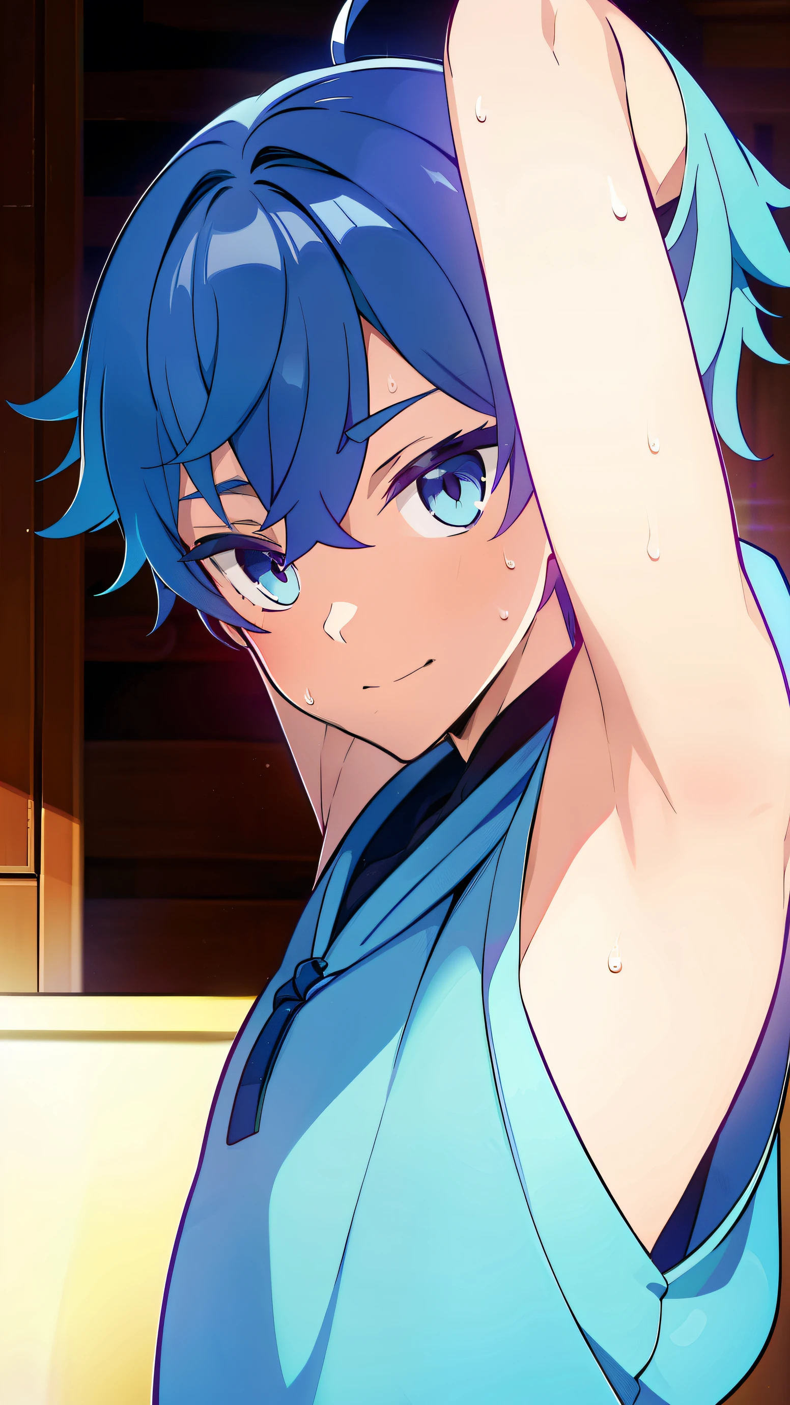 Highres, Masterpiece, Best quality at best,Best Quality,hight quality, hight detailed, Anime style, 1boy, Shota, young boy,-yeld, chyun, blue hair, blue eyes, short hair bangs, hair between eyes, Sleeveless hoodie, Bare shoulder, body, light smile, Seen from the front, (Showing armpit:1.3), (very young boy), (very small and short body), Simple beckground, cute boy, Uhd, bokeh, sweat