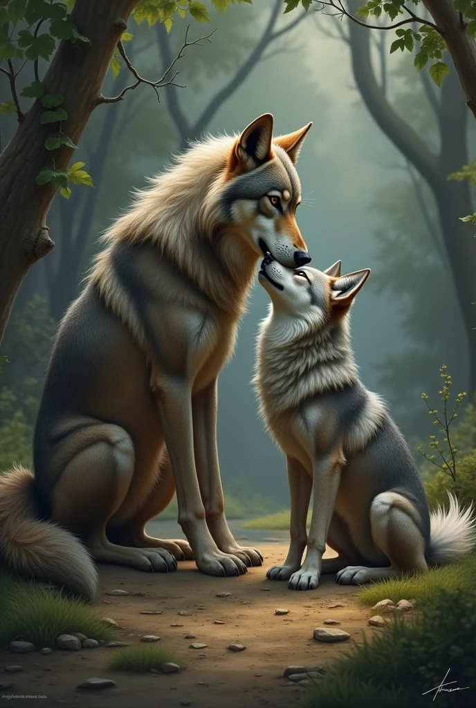 a grey wolf embracing his mate tenderly in a lush forest, beautiful detailed eyes, beautiful detailed lips, extremely detailed eyes and face, long eyelashes, intimate moment, serene atmosphere, (best quality,4k,8k,highres,masterpiece:1.2),ultra-detailed,(realistic,photorealistic,photo-realistic:1.37),vibrant colors,natural lighting,detailed textures,cinematic composition,wildlife,animal love