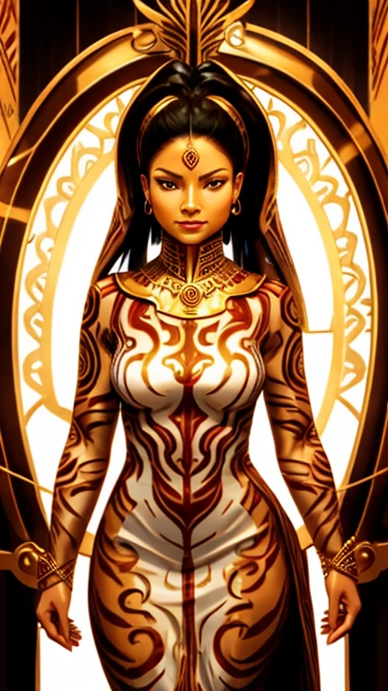 woman with brown skin,With stripes like a tiger on the skin, red eyes Completely covered in a furry white tribal Mesh dress, best quality, perfect face (Arabic clothes and golden jewelry) Holding Portals in her Hand