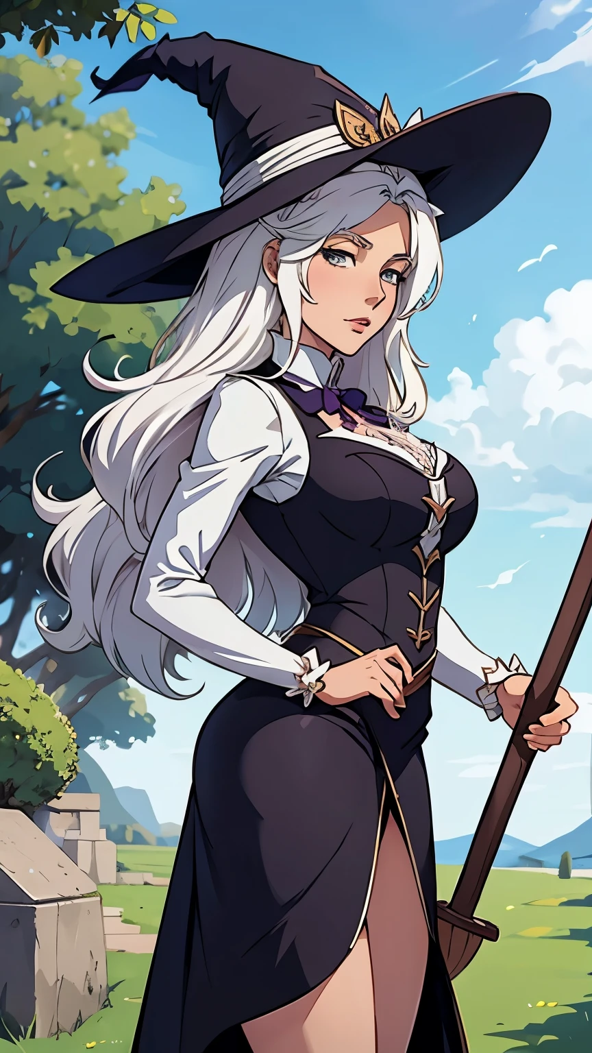 Diana Cavendish a character from the anime Little Witch Academy, white hair, haughty look, on a broomstick