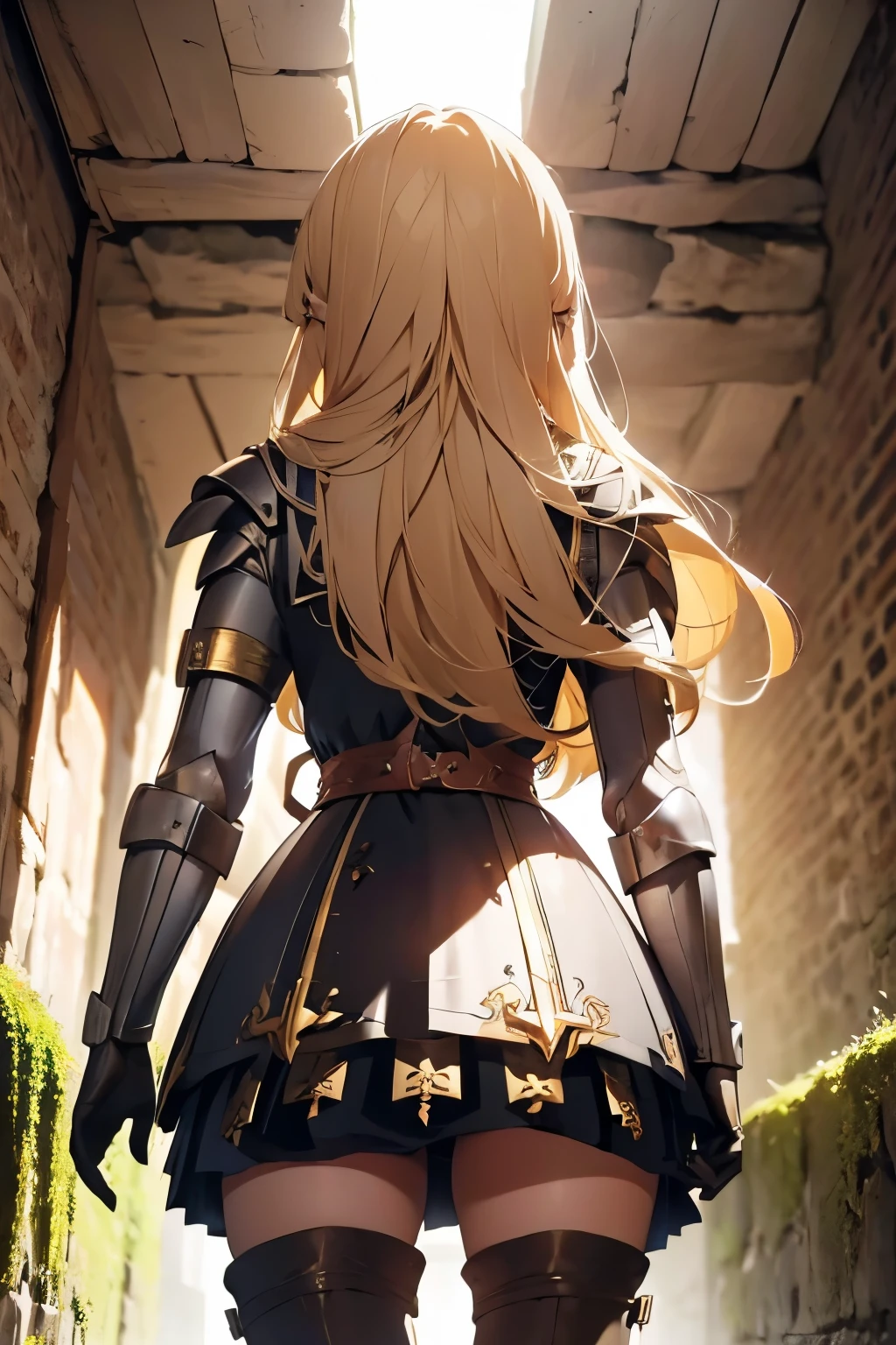 ((ultra-detailed)), (beautiful detailed eyes), (1girl), full body, knight, armour, light hair, expressive eyes, perfect face, Girl: (20s, blonde hair, long hair, white shirt, gold armour, black gloves, knee boots, white pantyhose, black shorts, plate armour), dungeon, brick floor, stone floor, underground, moss, walking, armor, back, back focus, back view, retro anime, (cinematic lighting), (illustration), anime, (masterpiece))), (((best quality))), best quality