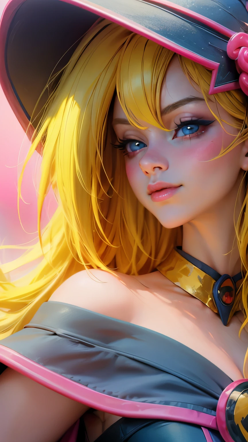 Beautiful face of dark wizard gils. long eyelashes, blue eyes. pink lips. long blonde hair. Yellow hair. exposed shoulders, angelic smile, beautiful well detailed face of the dark wizards gils. blowing a kiss. And winking an eye. She is flirtatious with the viewer..