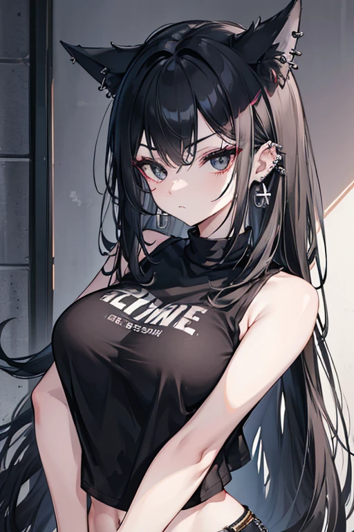 Uma  de cabelo preto olhos azuis com peitos tamanho G com uma blusa preta e so de calcinha