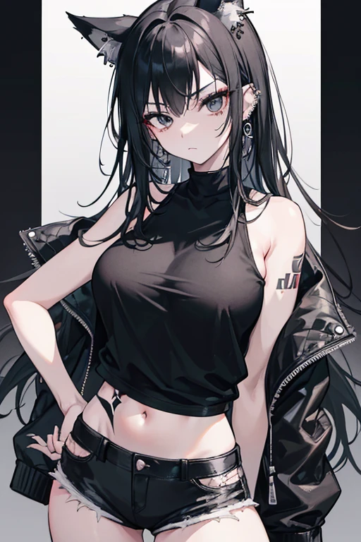 Photograph of the upper body of a beautiful woman,  , big breasts), (small waist, perfect body), Sharp focus, (tall body, mature woman), ((Looking ahead)), (Highly detailed skin, hair follicles:1.4,) (long ponytai hair style, black hair, blue eyes) , (black t-shirt:1.47),(green pants),chain , There are tears. , Cross necklace , wearing a black leather jacket,  cross chain, city scenery , punk , night light  , high quality ,cold expression, one leather gloves , biker style 