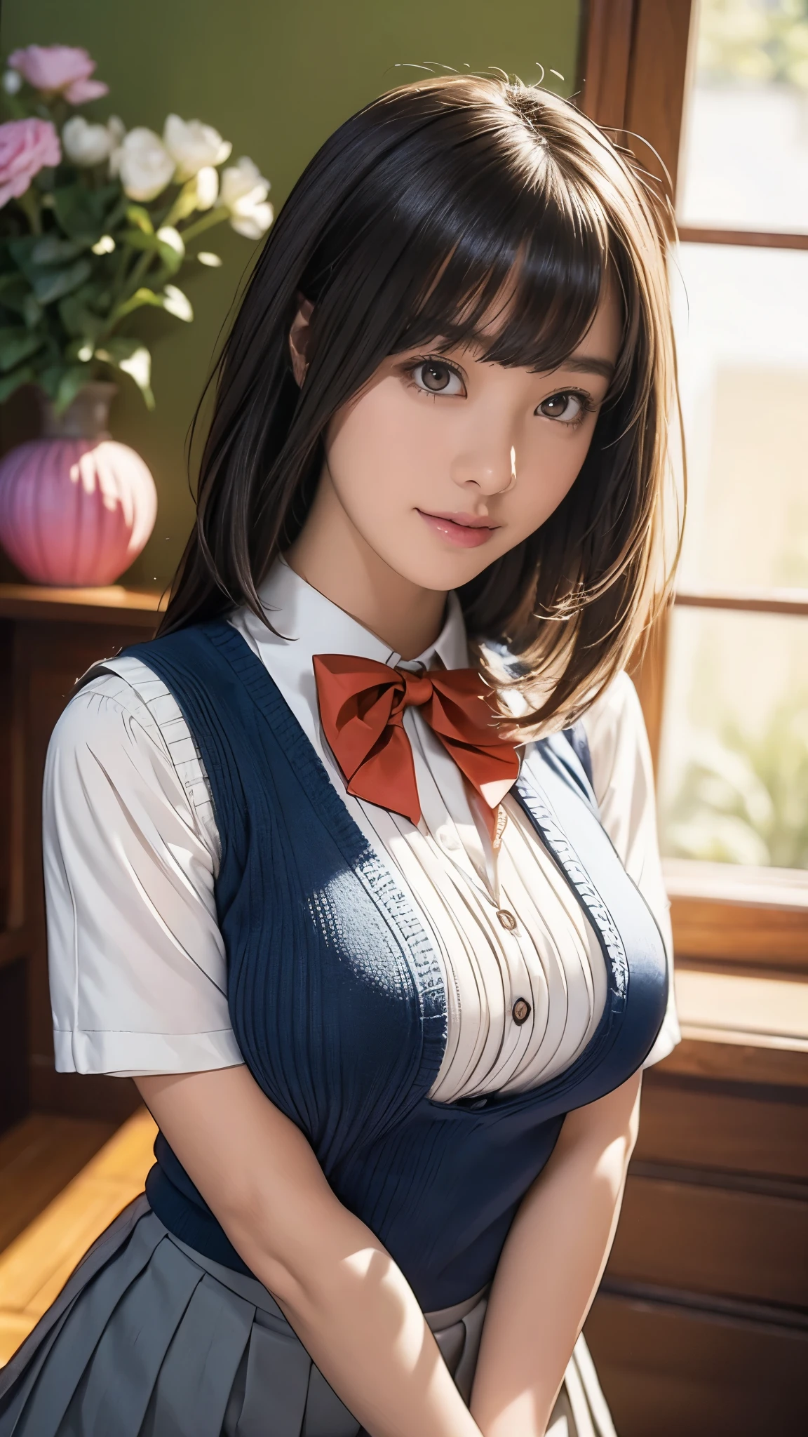 (masterpiece:1.2, highest quality), (Realistic, photoRealistic:1.4), Beautiful illustrations, (Natural Side Lighting, Cinema Lighting), Written boundary depth, 
Looking at the audience, (Face Focus, Upper Body), Front view, 1 girl, English, high school girl, 15 years old, Perfect Face, Symmetrical cute face, Shiny skin, 
(Bob Hair:1.7,blonde), Asymmetrical bangs, Big eyes, Droopy eyes, long eyelashes chest), thin, 
Beautiful Hair, Beautiful Face, Beautiful and beautiful eyes, Beautiful clavicle, Beautiful body, Beautiful breasts, Beautiful thighs, Beautiful feet, Beautiful fingers, 
((High quality fabric, Brown knitted vest, Short sleeve white collar shirt, Navy Pleated Skirt, Navy bow tie)), 
(Beautiful views), evening, (Inside the flower shop), Are standing, (smile, wonderful, Open your mouth), (From below:1.5),(Poor horizon:1.5), (((Backlight))), (((soft, Saggy breasts:1.2)))