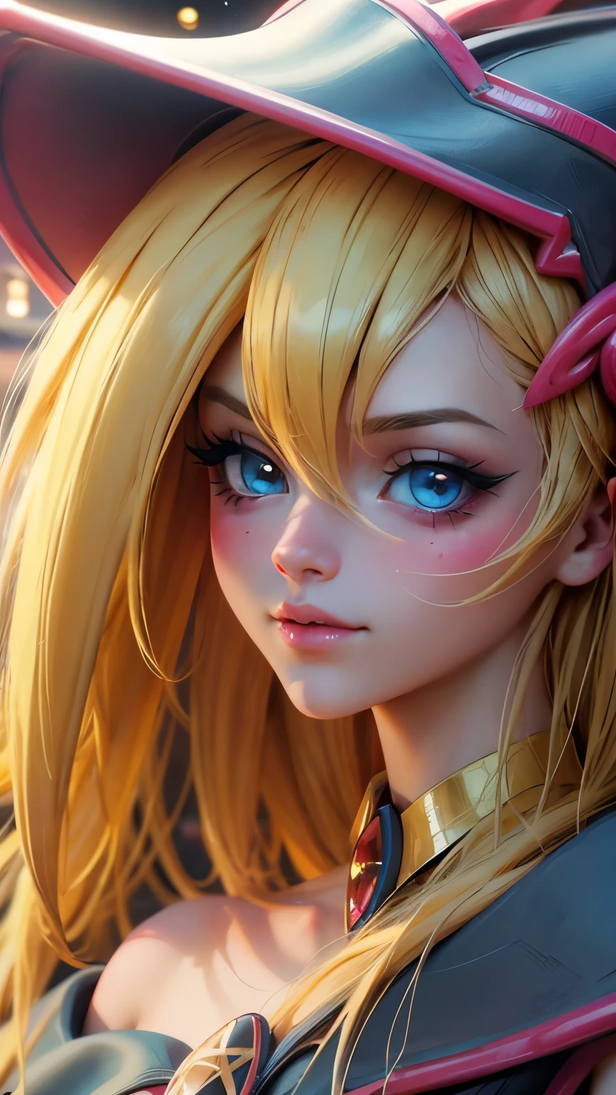 Shot of the beautiful face of dark wizard gils. Extra long eyelashes. blue eyes like crystal. brio in the eyes. pink lips. long blonde hair. exposed shoulders, angelic smile, beautiful well detailed face of the dark wizards gils. She is flirtatious with the viewer. Long and big eyelashes. Half body focus.