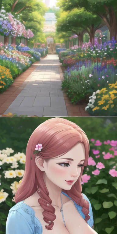 (best-realistic-real-life) flower garden_king, outdoor, milf, looking with love and completely distracted