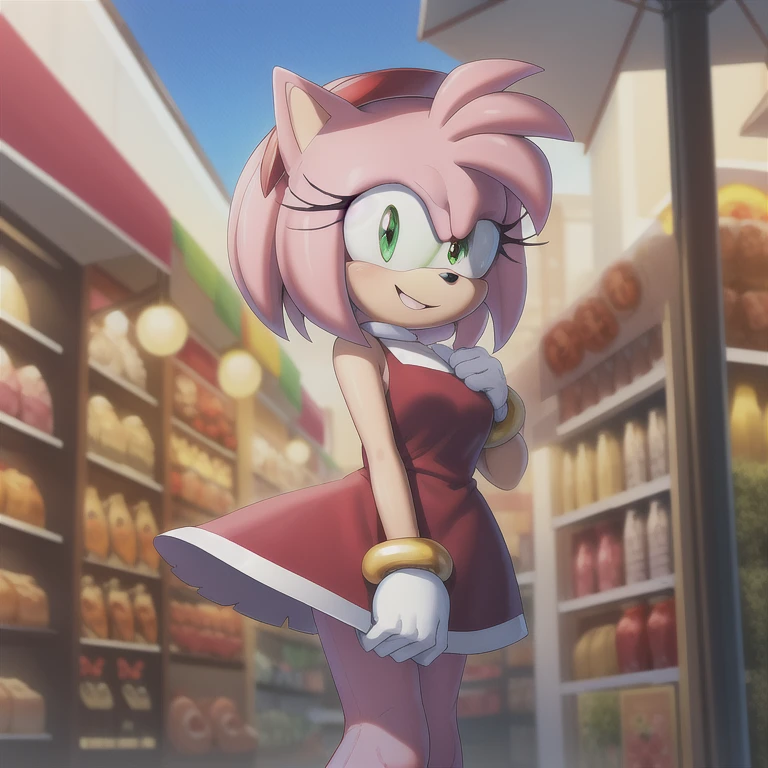 (masterpiece, Best Quality:1.1), (Amy Rose:1.1), 1 girl, Alone, dress, pink skin, looking at the viewer, smile, detailed eyes, outdoor, Market, shopping