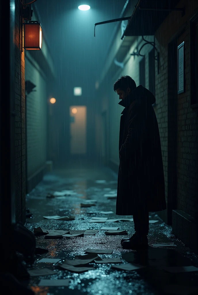 Mysterious man in raincoat smoking leaning on the door of a bar seen from inside the bar from a distance