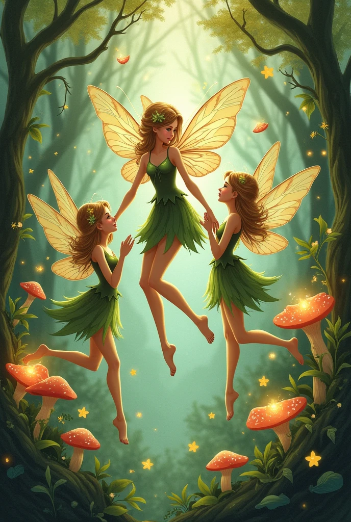 A book-style illustration , showing three fairies