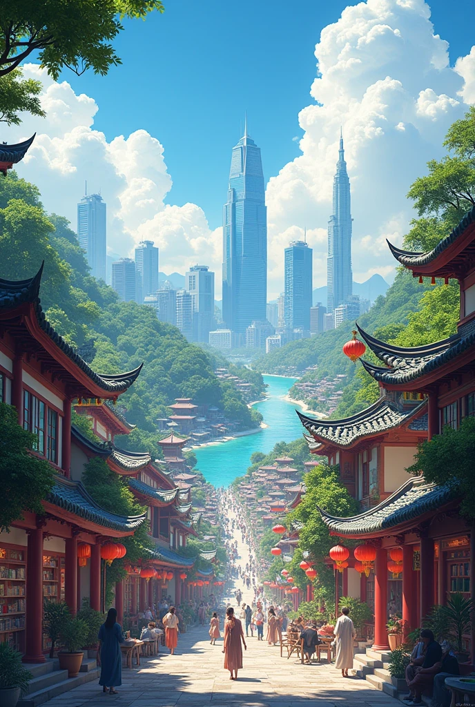 arafly city skyline view with a river in the foreground, masterpiece, world master work, highly artistic clouds, incredible clouds. World class bridge. Incredible bridge. Amazing bridge, a spectacle. Close view of plum blossoms. Stunning reflections, clear water, award winning photography, shanghai city, shanghai, chinese new year in shanghai, hou china, beijing, skyline display, skyline, from china, trending, trending, chinese dreamland, partly seen To the left, Huancheng, Hangzhou, Chinese Architecture, Jiaruan, Ruanjia. Rich details, detail enhancement.