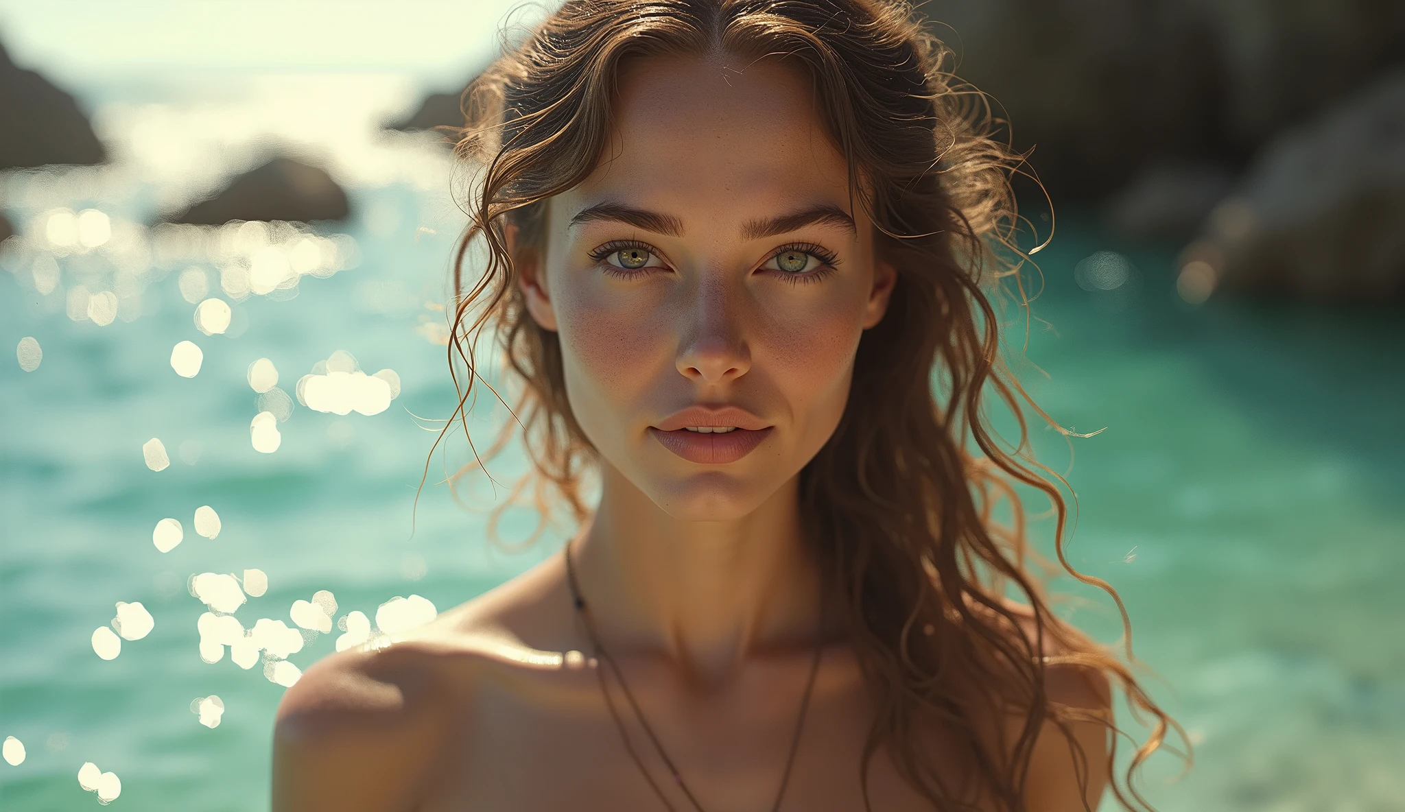 Close-up photo, Nicole Aniston, completely naked, swimming in the ocean, looking at the viewer, seductive smile, dawn, sunlight passing through her hair, bokeh depth of field