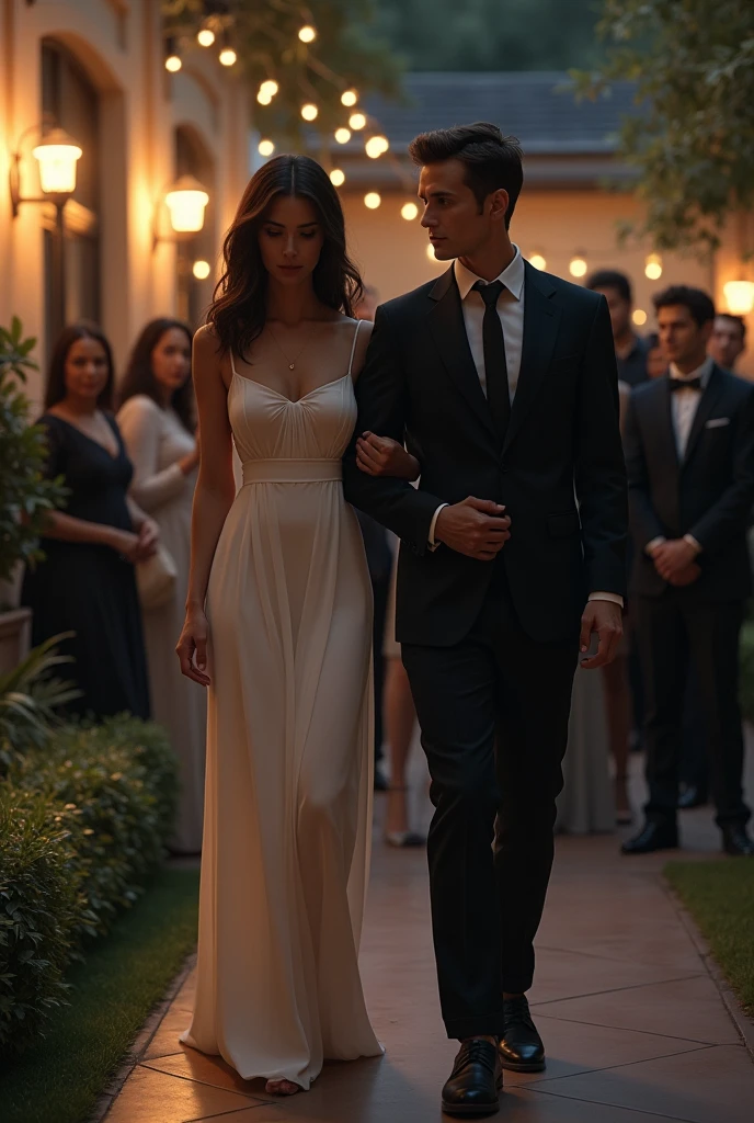 BREAK raw picture , Realistic Photography , handsome men outfit , beautiful female long dress, romance holding hand, party