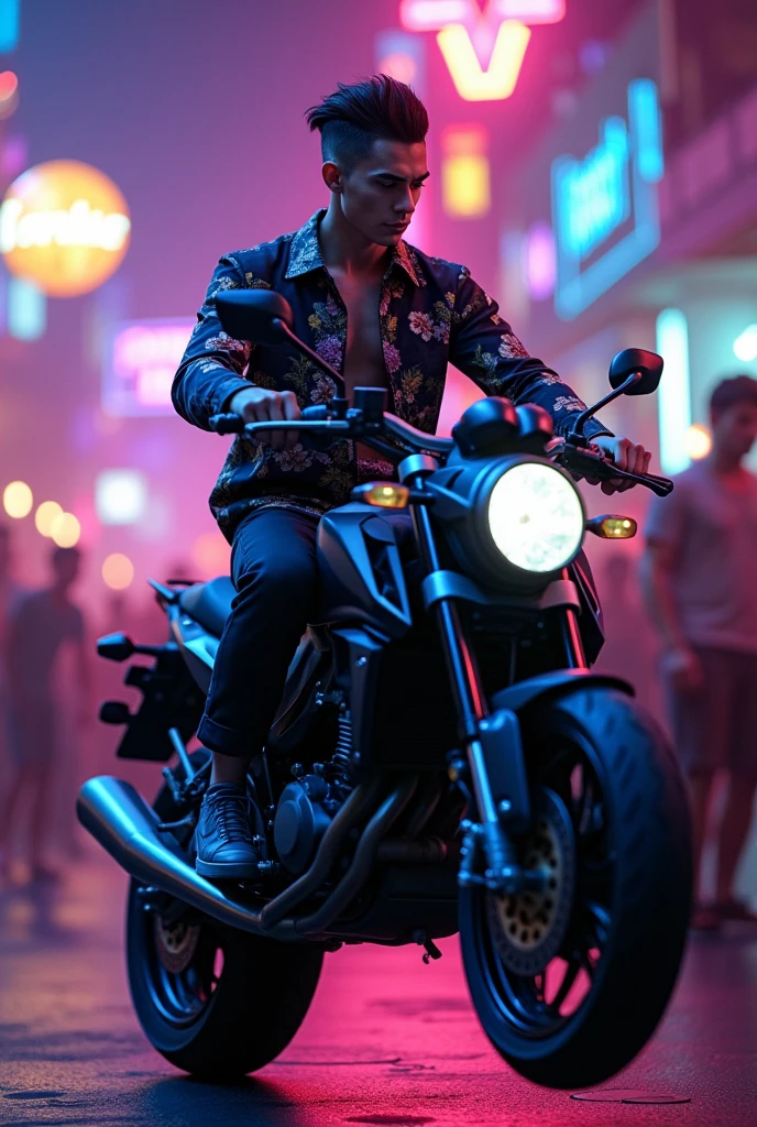 arafed man sitting on a motorcycle smoking a cigarette, sitting on cyberpunk motorbike, motorcycle, hero pose colorful city lighting, motorbiker, sitting on a motorcycle, streetwear fashion, high quality portrait, biker, cyberpunk streetwear, motorcycles, cinematic. by leng jun, nice lighting, with smoke, ross tran style, badass pose, riding a motorcycle