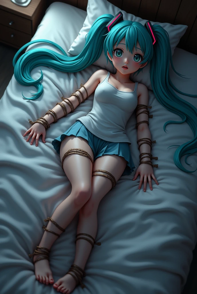 bondage, in box, 1girl, bound, bdsm, solo, long blue hair, rope, barefoot, arms behind back, sitting, shibari, box, restrained, looking at viewer, bound legs, breasts, on side, feet, blush, dress, medium breasts,