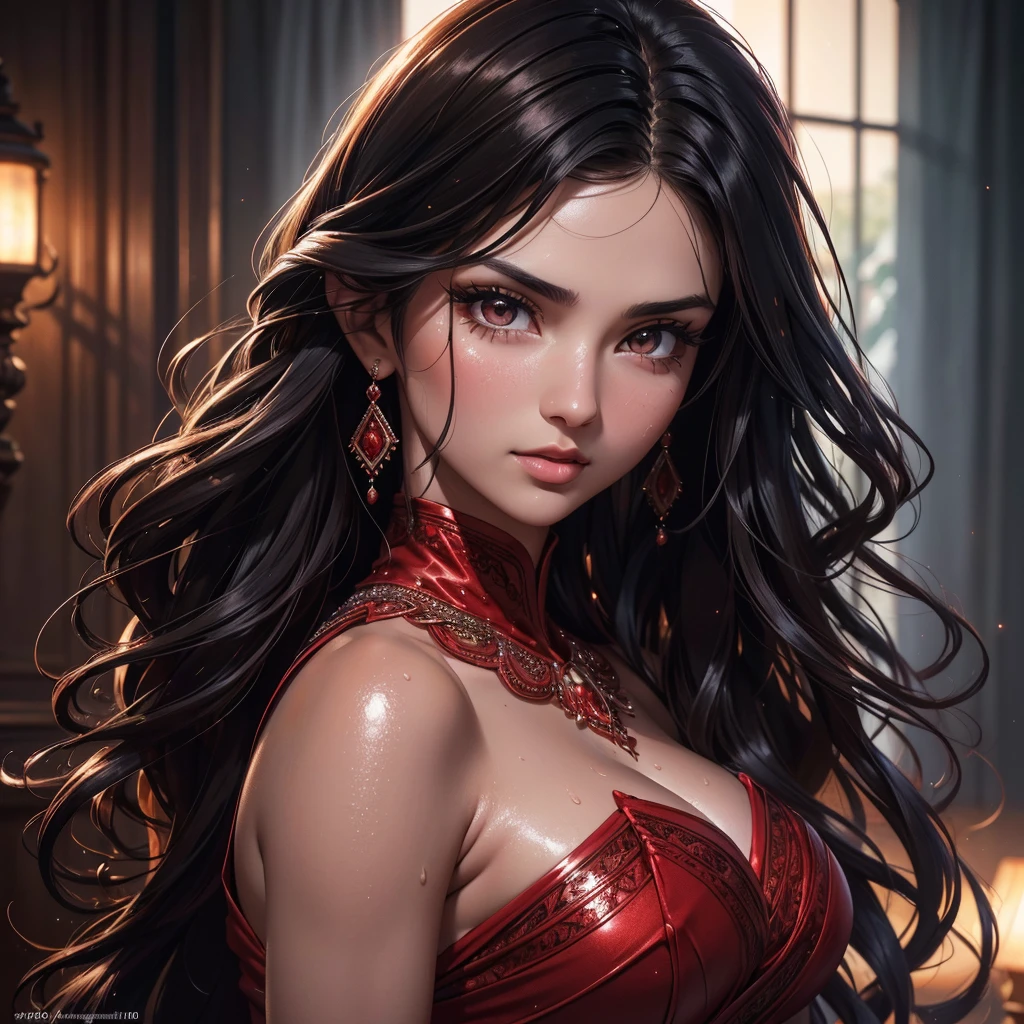 a beautiful hot and sexy ozbek princess, fitted red sharara, long wavy black hair, pale skin, entire body covered in glistening sweat, sweat dripping from armpits, large breasts visible, nipples visible, hand on waist, detailed facial features, (best quality,4k,8k,highres,masterpiece:1.2),ultra-detailed,(realistic,photorealistic,photo-realistic:1.37),HDR,UHD,studio lighting,ultra-fine painting,sharp focus,physically-based rendering,extreme detail description,professional,vivid colors,bokeh,portrait