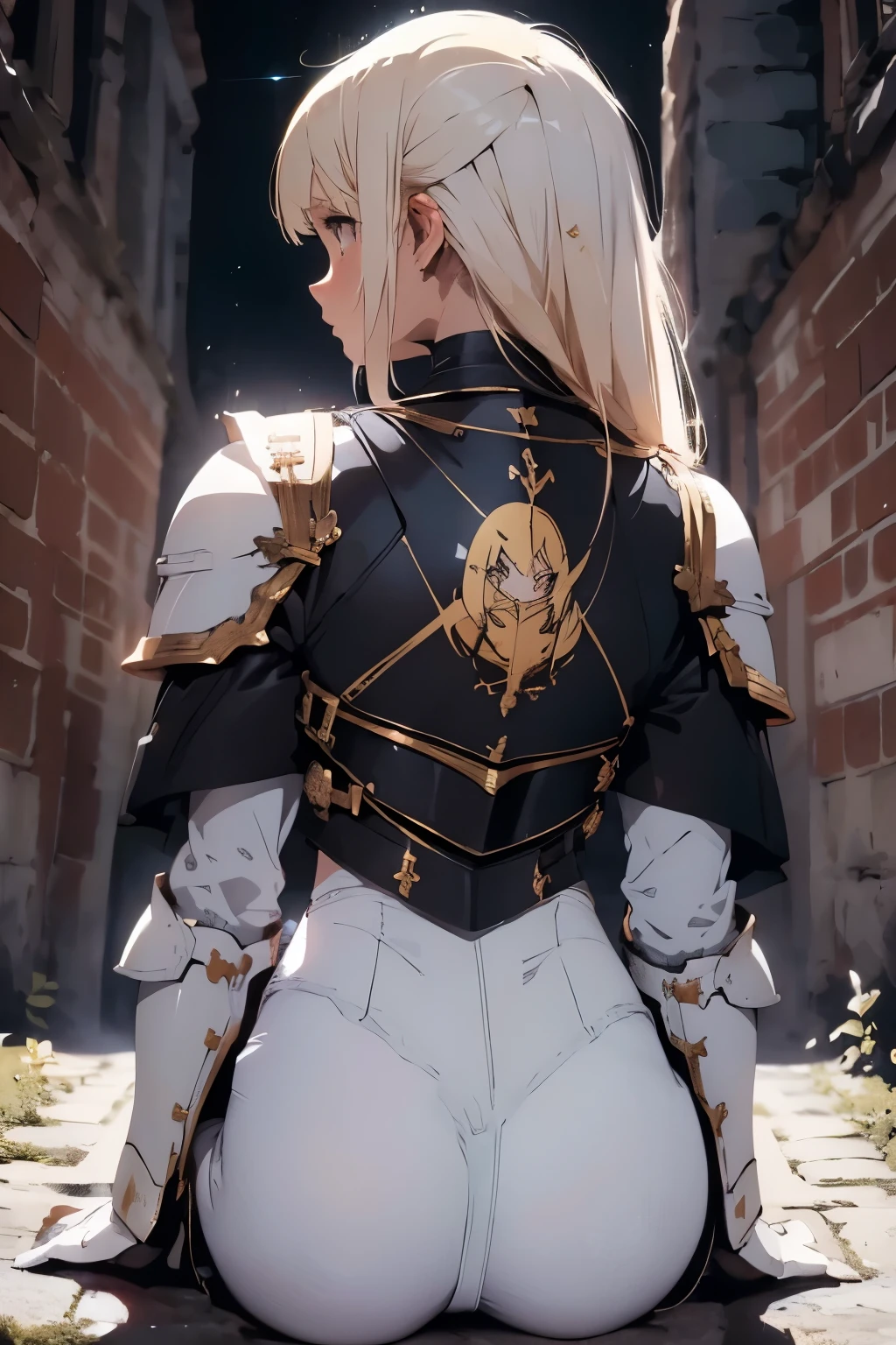 ((ultra-detailed)), (beautiful detailed eyes), (1girl), full body, knight, armour, light hair, expressive eyes, perfect face, Girl: (20s, blonde hair, long hair, white shirt, gold armour, black gloves, knee boots, white pantyhose, black shorts, plate armour), dungeon, brick floor, stone floor, underground, moss, armor, back, back focus, back view, retro anime, (cinematic lighting), (illustration), anime, (masterpiece))), (((best quality))), best quality