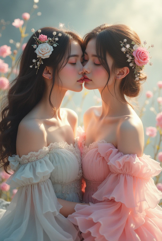 2 princess, love, eye contact, kiss, Beautiful and pretty, princess look out of this world, floral,