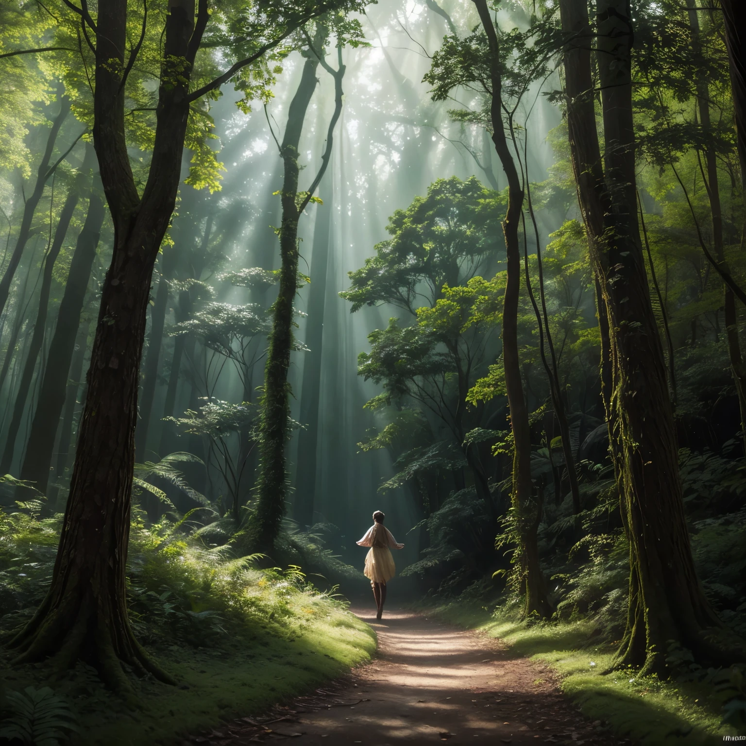 The girl continues walking deeper into the forest, her steps cautious but eager. Suddenly, a bright light appears ahead, and she spots a giant, glowing tree standing tall in a clearing. She stops, mesmerized