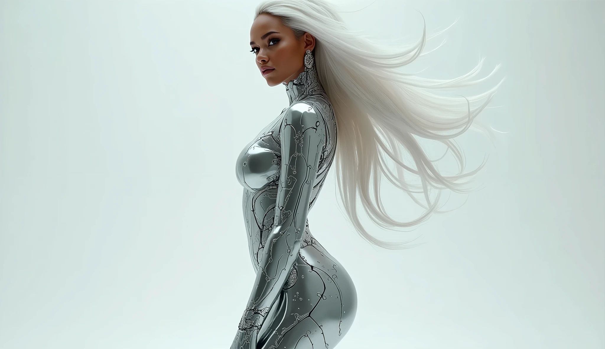 A full-body image of a stunning supermodel embodying advanced artificial intelligence, with the face inspired by Zendaya. She has beautiful, flowing white hair, and her entire body is covered in a smooth, metallic silver skin that is both her natural form and her 'attire.' This skin fits perfectly to her curvaceous silhouette, giving her a futuristic and elegant appearance. The skin is adorned with intricate lines and patterns resembling circuits and digital effects, simulating the flow of data and technology, as if her very body is a high-tech system. There are no additional clothes: her skin is her only covering, seamlessly blending with her AI-inspired design. The entire character is visible from head to toe, standing upright with a simple and clean background that highlights the model and her technologically advanced appearance. Her face is directly facing forward, exuding confidence and allure, and her eyes reflect the intelligence and power of advanced AI. sensuality and sexy 