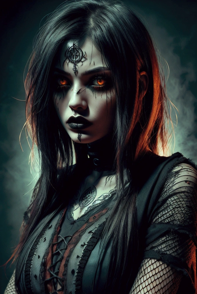 a rebellious girl, 1girl, beautiful detailed eyes, beautiful detailed lips, extremely detailed face, long eyelashes, messy hair, ripped fishnets, dark goth aesthetic, dark makeup, moody expression, dramatic lighting, dark brooding atmosphere, cinematic style, chiaroscuro lighting, high contrast, dramatic composition, muted color palette, teal and maroon color scheme