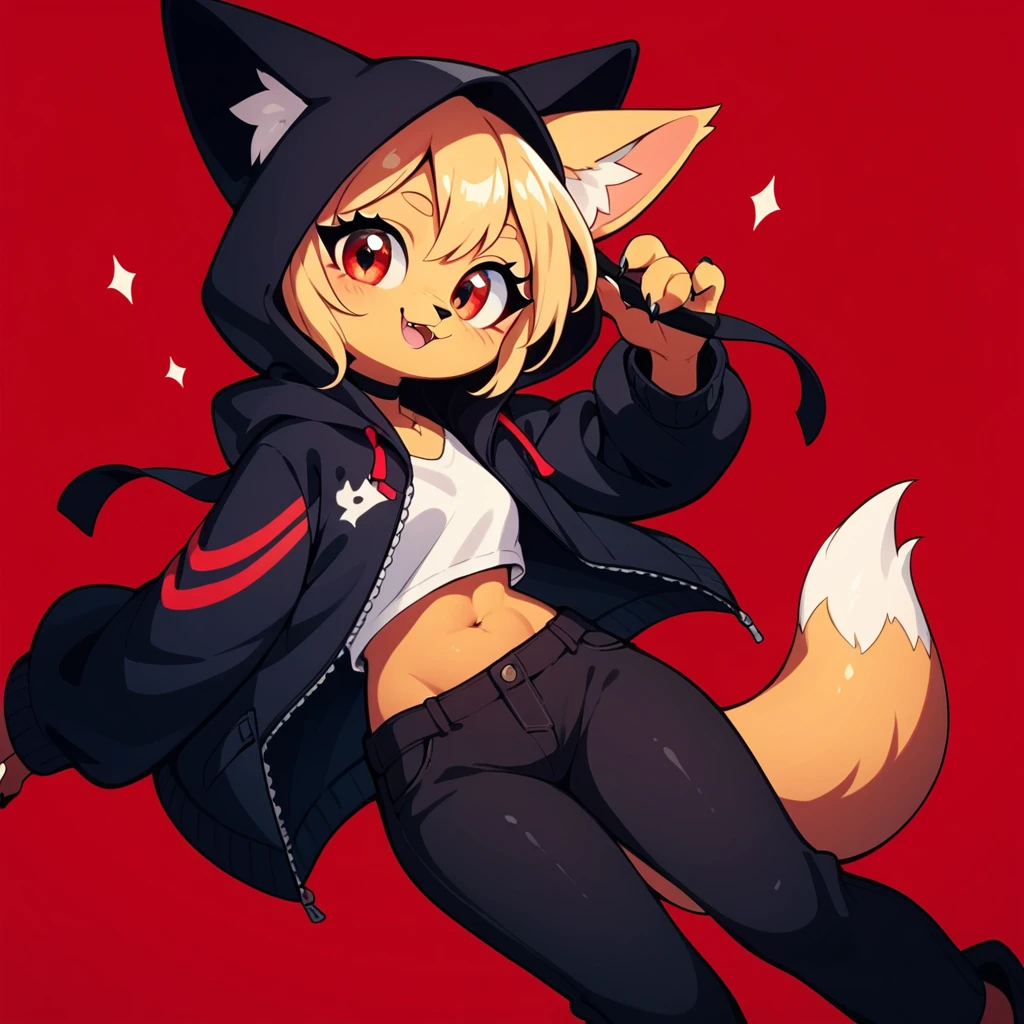 1girl, fox girl, cute fox, anthro, black hood, black pants, red background