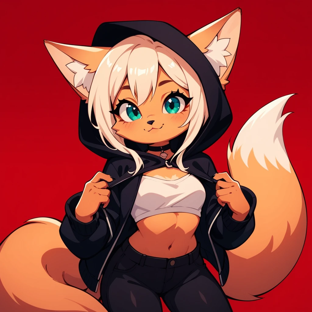 1girl, fox girl, cute fox, anthro, black hood, black pants, red background