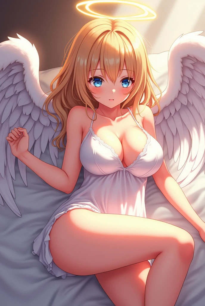 masterpiece, highest quality, Very detailed, 16k, Ultra-high resolution, Cowboy Shot, -yeld gi Detailed face, Perfect Fingers, Angel halo on head, Golden Eyes, blonde, short hair, Angel wings growing on your back, (naked:1.2), Above the Clouds, temple, bed, Lying on your back