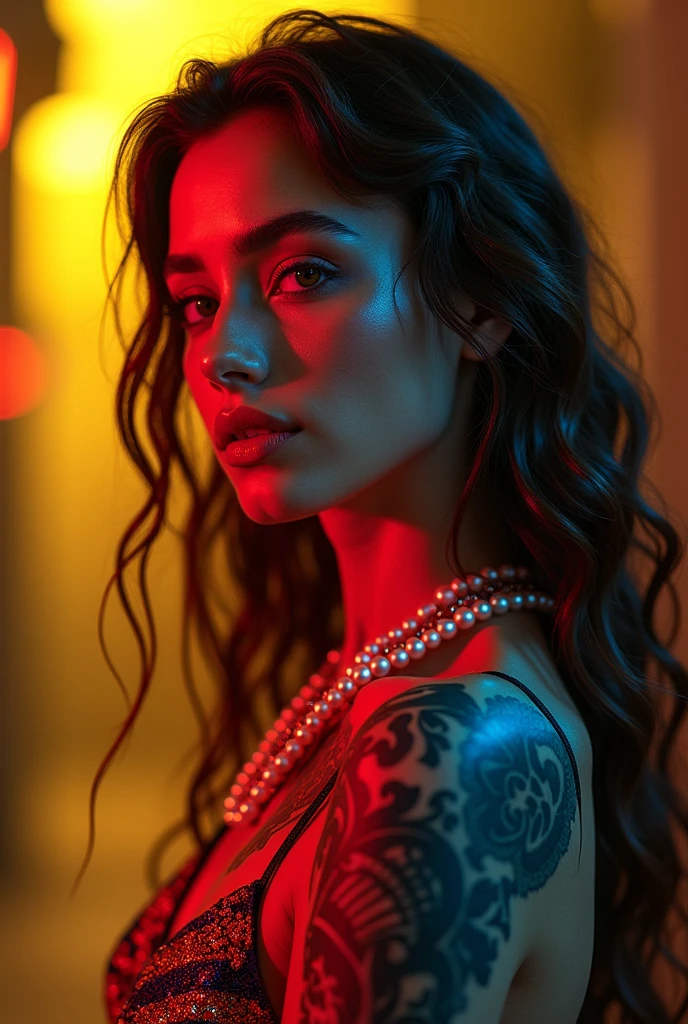 Side View :{Higher resolution of a baddie caramel, latina blasian mixed women,colorful tattoos ,glossy skin extremely long glossy black hair touching the floor,} she wrapped around in a puerto rican flag , she standing in bioluminescent red glowing water, smiling with her tongue out, water dripping from her lips,sexual look
