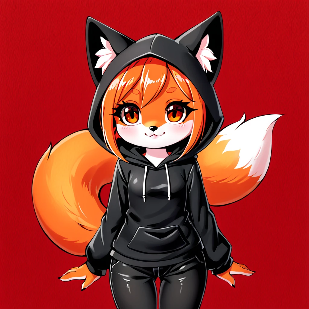 1girl, fox girl, cute fox, anthro, black hood, black pants, red background