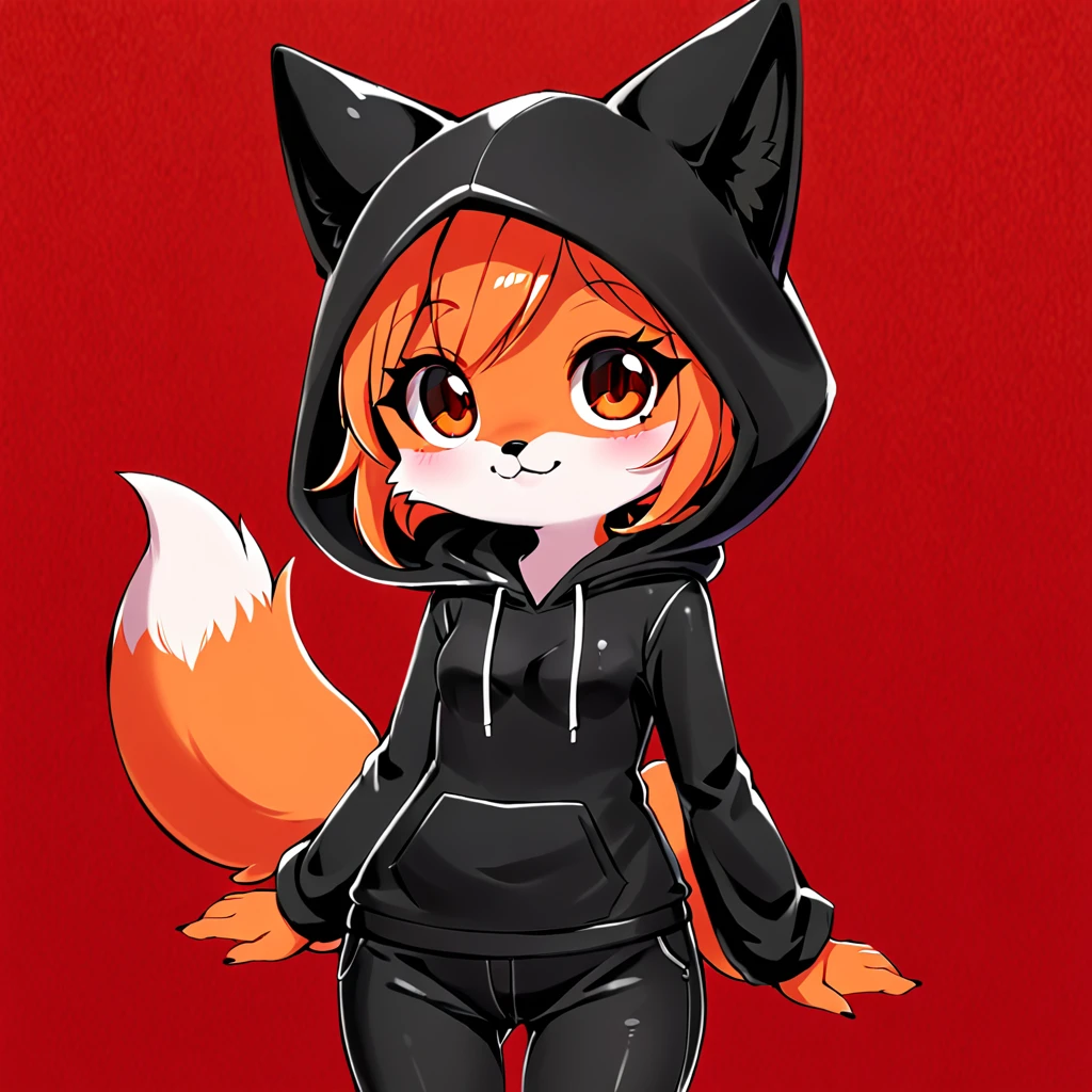 1girl, fox girl, cute fox, anthro, black hood, black pants, red background