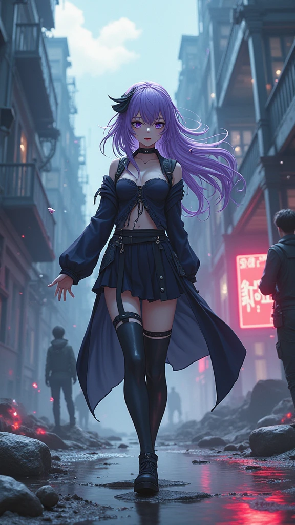 create a full body one the hair is long and tied up the color blue is pink highlights it is an emo outfit