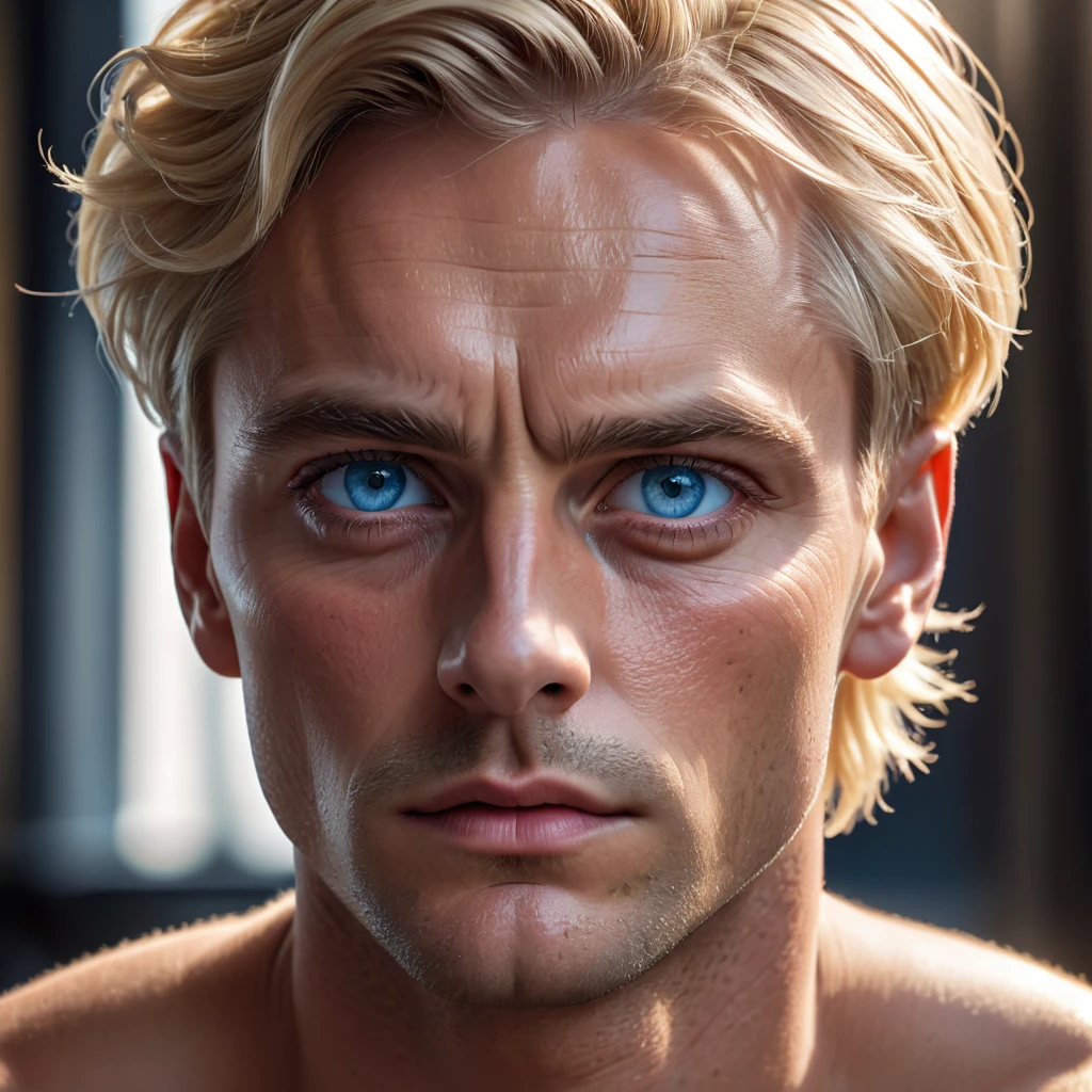1 man, detailed facial features, high-quality portrait, photorealistic, realistic skin texture, piercing blue eyes, chiseled jawline, short blonde hair, serious expression, german, mature adult, natural lighting, cinematic composition, ultra-detailed, 8k, high resolution, masterpiece
