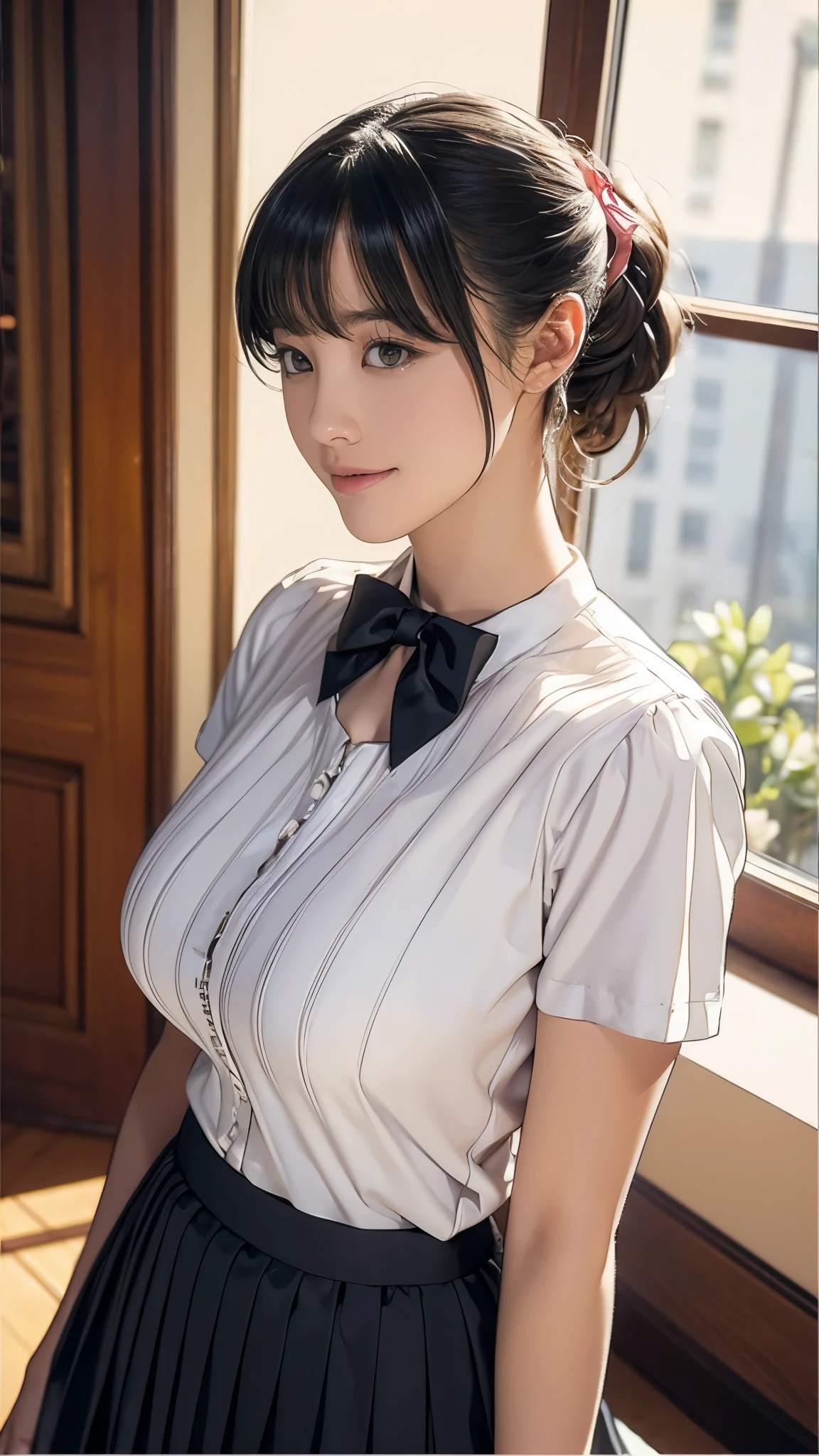 masterpiece:1.2, highest quality), (Realistic, photoRealistic:1.4), Beautiful illustrations, (Natural Side Lighting, Cinema Lighting), Written boundary depth, Looking at the audience, Front view, 1 girl standing, Japanese, high school girl, 18-year-old, Perfect Face, Symmetrical cute face, Shiny skin, Leg spread, (Bob Hair:1.7, black), Asymmetrical bangs, Big eyes, Droopy eyes, long eyelashes chest), thin, Beautiful Hair, Beautiful Face, Beautiful and beautiful eyes, Beautiful clavicle, Skinny body, Skinny bust, Skinny breasts, Beautiful thighs, Beautiful legs, Beautiful 4 fingers and 1 thumb, Front of her skirt was Open by her hands, Her finger picks up the hem of her skirt, puts up the hem of the skirt by her hands and open hers skirt upward, ((High-quality fabric, Short sleeve white collar shirt, Navy blue Pleated Skirt, Navy bow tie)), (Beautiful views), evening, (Inside the flower shop), standing, (smile, Superior, Open her mouth), (((Flipping Up Skirt by her fingers, The skirt that the front was Flipping up by her hands, No pants, Genitals are visible))), Full Body Shot, Sexy Face, Inverted nipples, Background is Full of Flowers