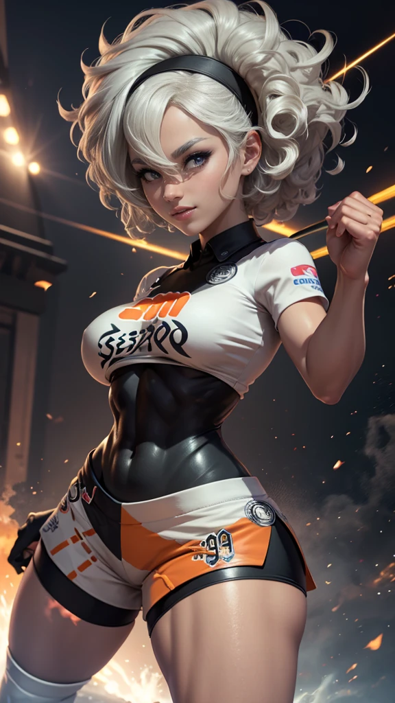 Bea da pokemon,(best qualityer,4K,8k,high resolution,work of art:1.2)(weather: windy), sport stadium background, short curly hair, gray hair, cropped shirt, micro shorts, thigh high stockings, headband, gloves, leotard, ultra detailed,realistic,beautiful detailed gray eyes, beautiful detailed lips,extremely detailed eye and face, long eyelashes,average,large breasts,flying hair,beaming smile,powerful girl in a combat, combat stance, bright coloured, dramatic lighting,