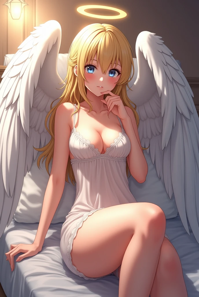masterpiece,Highest quality,Very detailed,Angel lying on bed,Blonde,Beautiful and detailed eyes,skinny,Small breasts,Beautiful white wings,Completely naked, full body,Spread your legs,Dynamic perspective and pose