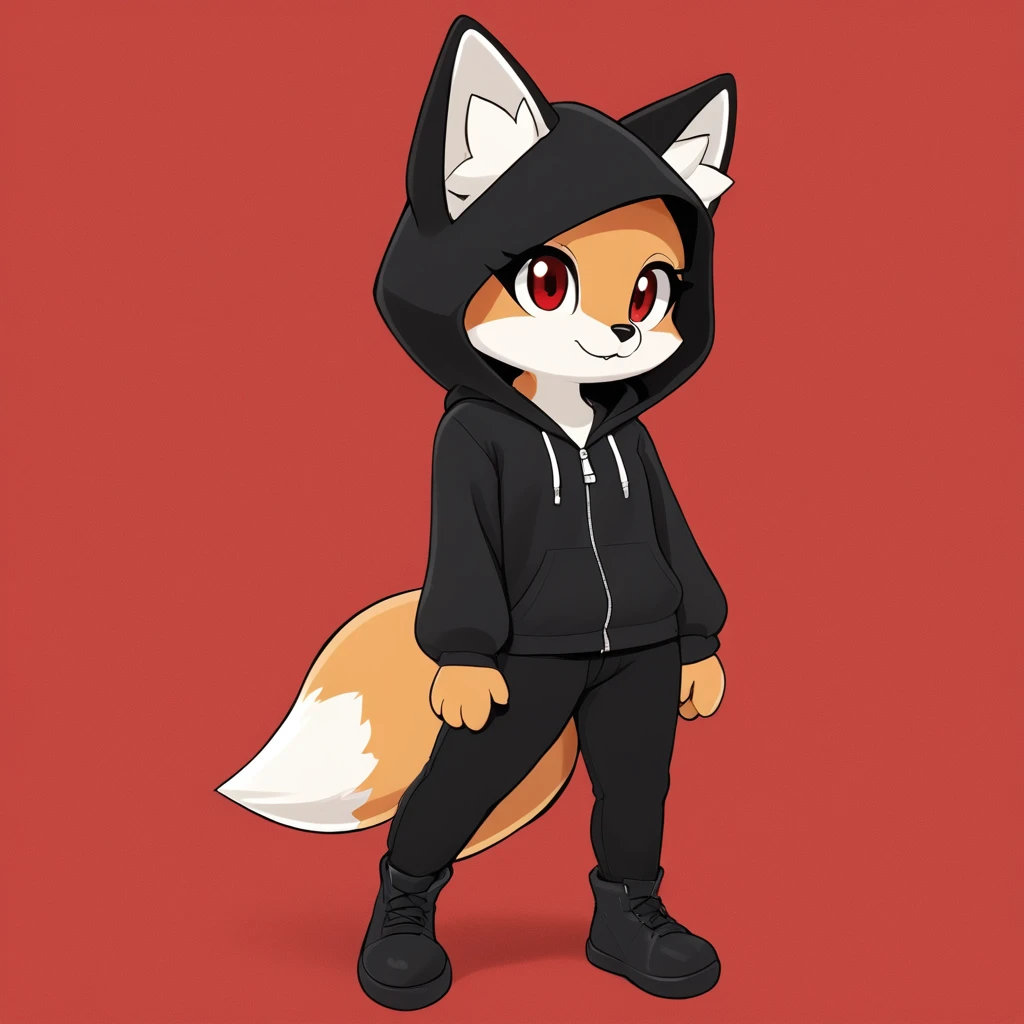 1girl, fox girl, cute fox, anthro, black hood, black pants, red background