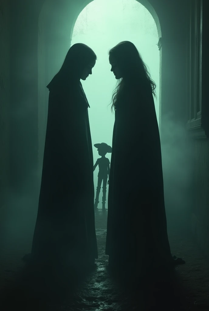 Death illustrated with a cape, being sinister on the back, full body image, being wrapped in a black neova, illustration of fairy tales of Mrs. Death, best quality, Brother Green illustrations