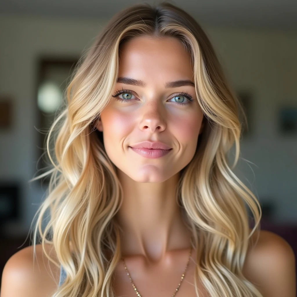 le même visage, porter une nuisette sexy,cheveux blond lisse,visage très naturelle avec des taches de rousseur est quelques rides pour un effet naturelle,assise 